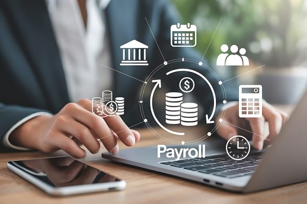 Business professional using laptop with digital payroll icons and financial technology illustrating online salary payment and accounting management