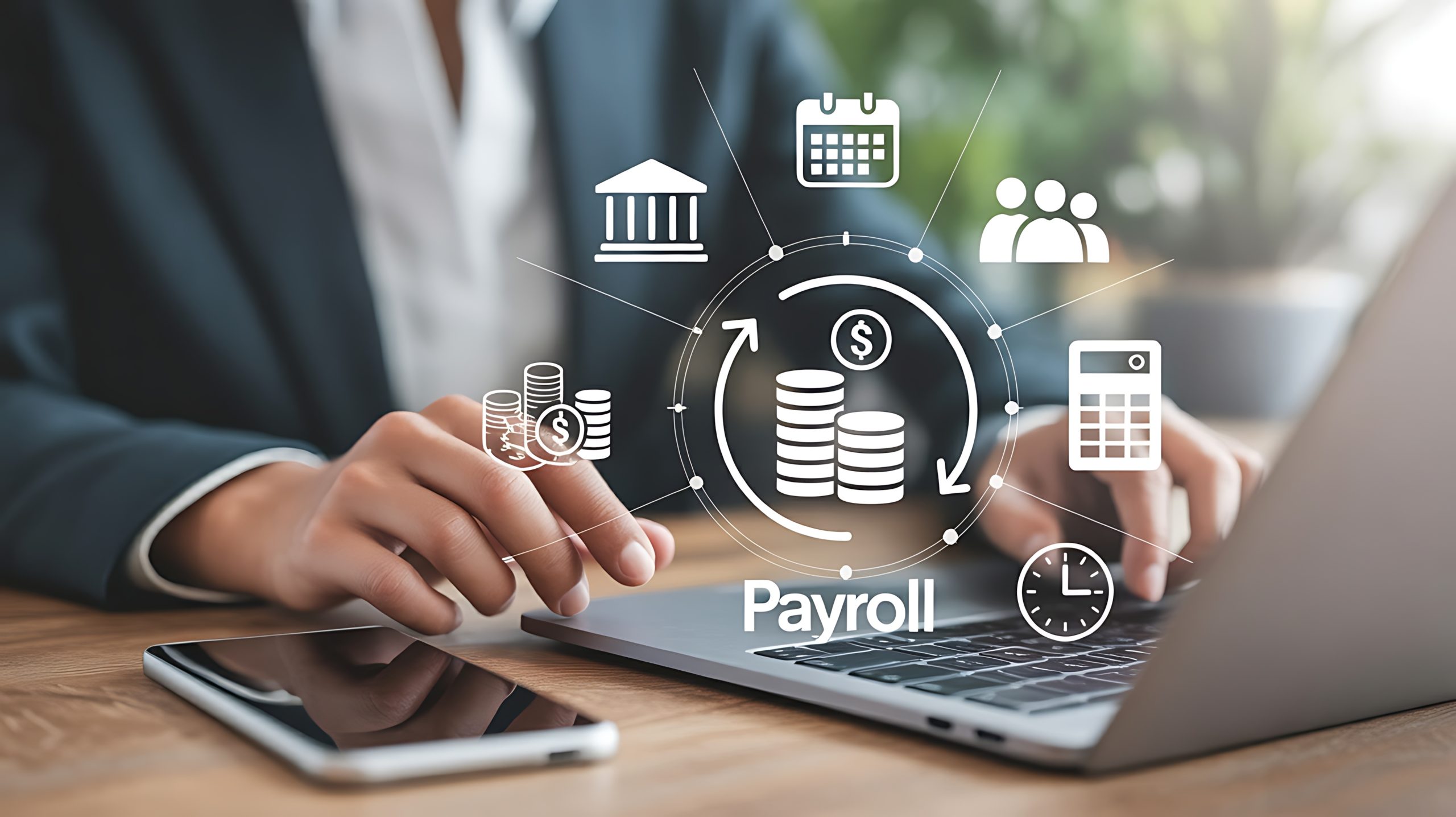 Business professional using laptop with digital payroll icons and financial technology illustrating online salary payment and accounting management